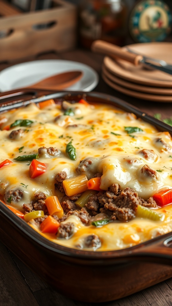 A hearty beef casserole with melted cheese, ground beef, and mixed vegetables in a baking dish.